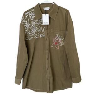 Native Youth Embroidered Floral Button-Down Shirt Women's Large Khaki Brown NEW